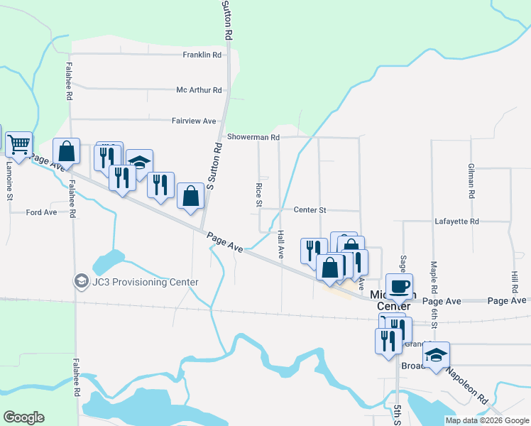 map of restaurants, bars, coffee shops, grocery stores, and more near 160 Hall Avenue in Michigan Center
