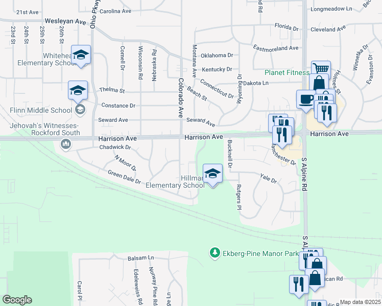 map of restaurants, bars, coffee shops, grocery stores, and more near 2641 Silent Wood Trail in Rockford