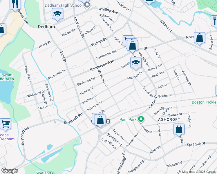 map of restaurants, bars, coffee shops, grocery stores, and more near 354 Mount Vernon Street in Dedham