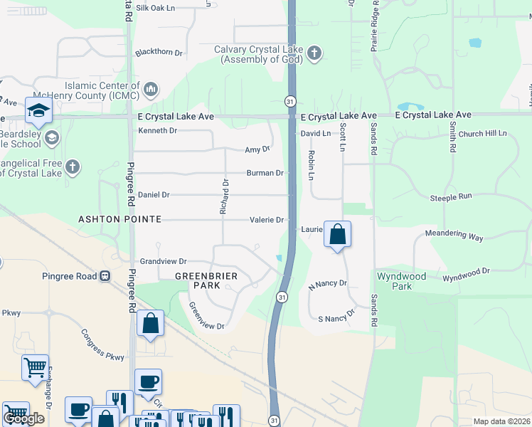 map of restaurants, bars, coffee shops, grocery stores, and more near 4614 Valerie Drive in Crystal Lake