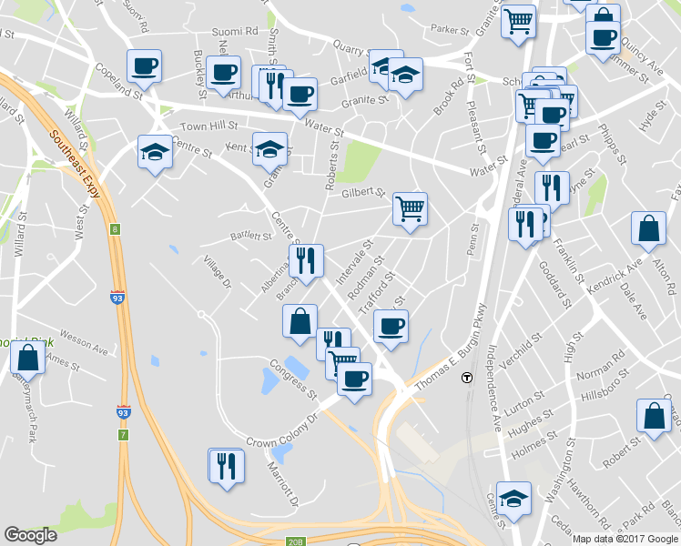 map of restaurants, bars, coffee shops, grocery stores, and more near 115 Intervale Street in Quincy