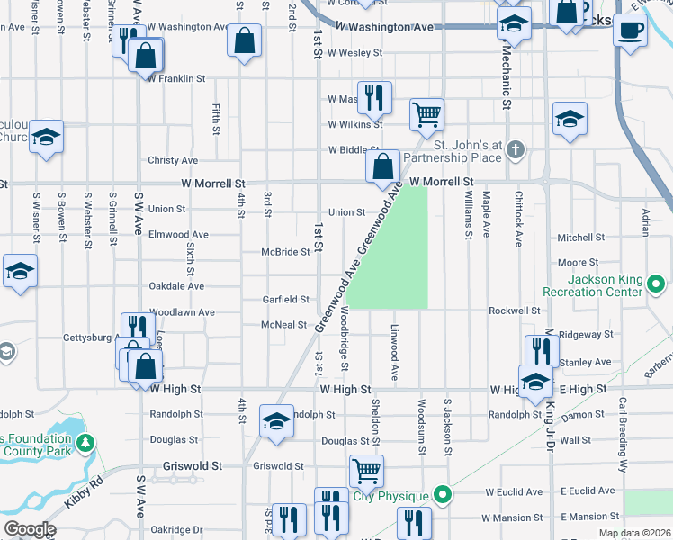 map of restaurants, bars, coffee shops, grocery stores, and more near 1040 Woodbridge Street in Jackson