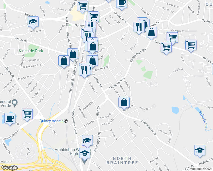 map of restaurants, bars, coffee shops, grocery stores, and more near 32 Richie Road in Quincy