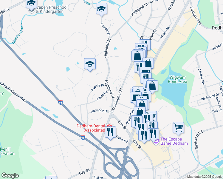 map of restaurants, bars, coffee shops, grocery stores, and more near 339 Highland Street in Dedham