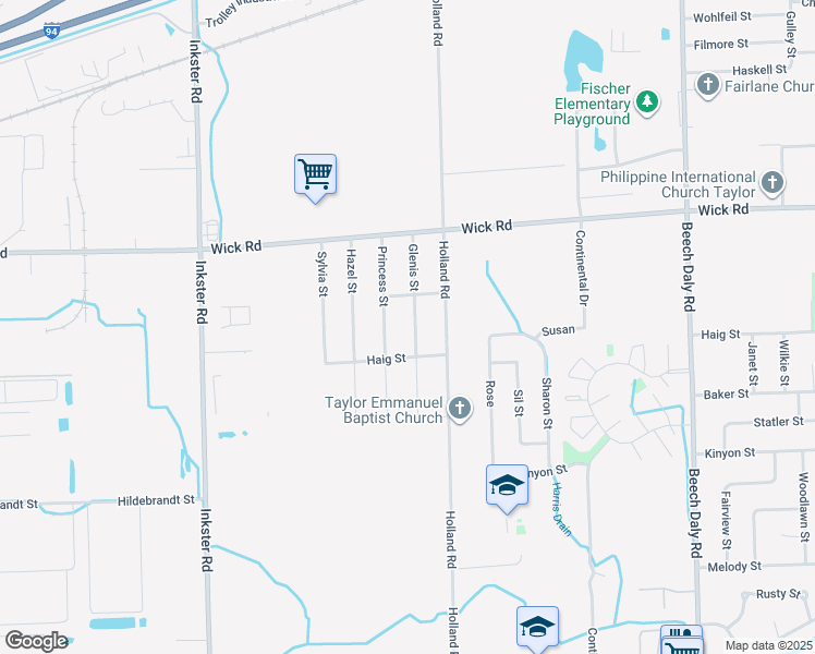 map of restaurants, bars, coffee shops, grocery stores, and more near 9457 Glenis Street in Taylor