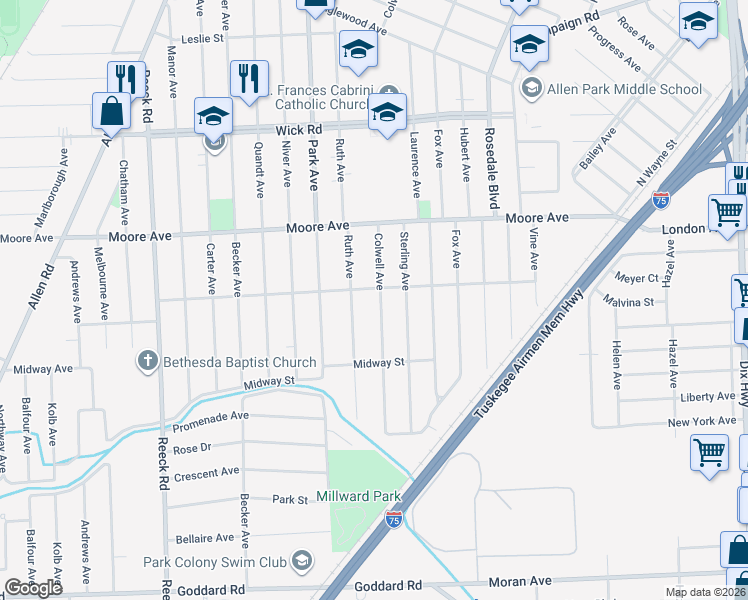 map of restaurants, bars, coffee shops, grocery stores, and more near 9822 Colwell Avenue in Allen Park