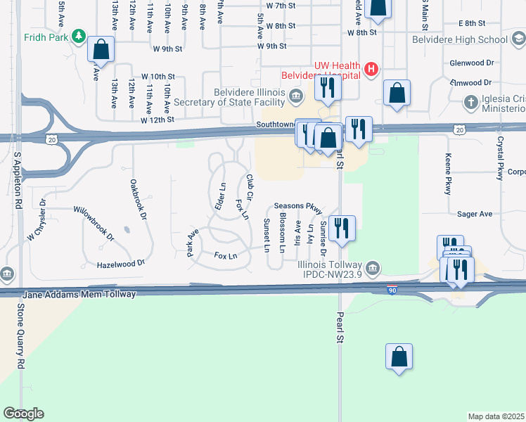 map of restaurants, bars, coffee shops, grocery stores, and more near 2061 Sunset Lane in Belvidere
