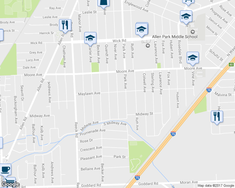map of restaurants, bars, coffee shops, grocery stores, and more near 9815 Niver Avenue in Allen Park