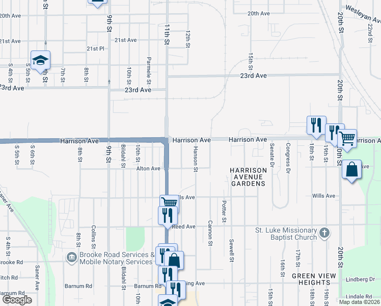 map of restaurants, bars, coffee shops, grocery stores, and more near 2621 Hanson Street in Rockford