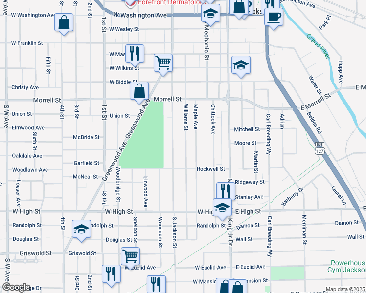 map of restaurants, bars, coffee shops, grocery stores, and more near 1020 Williams Street in Jackson