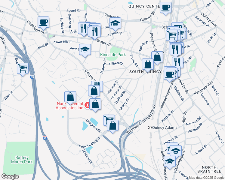 map of restaurants, bars, coffee shops, grocery stores, and more near 115 Intervale Street in Quincy