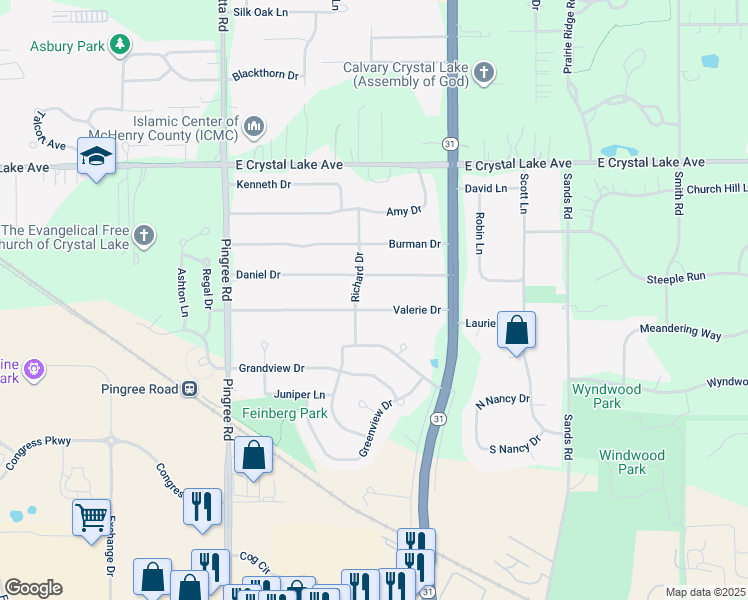 map of restaurants, bars, coffee shops, grocery stores, and more near 4714 Valerie Drive in Crystal Lake
