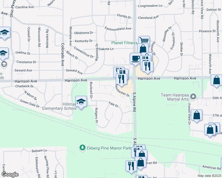 map of restaurants, bars, coffee shops, grocery stores, and more near 4219 Middlebury Avenue in Rockford