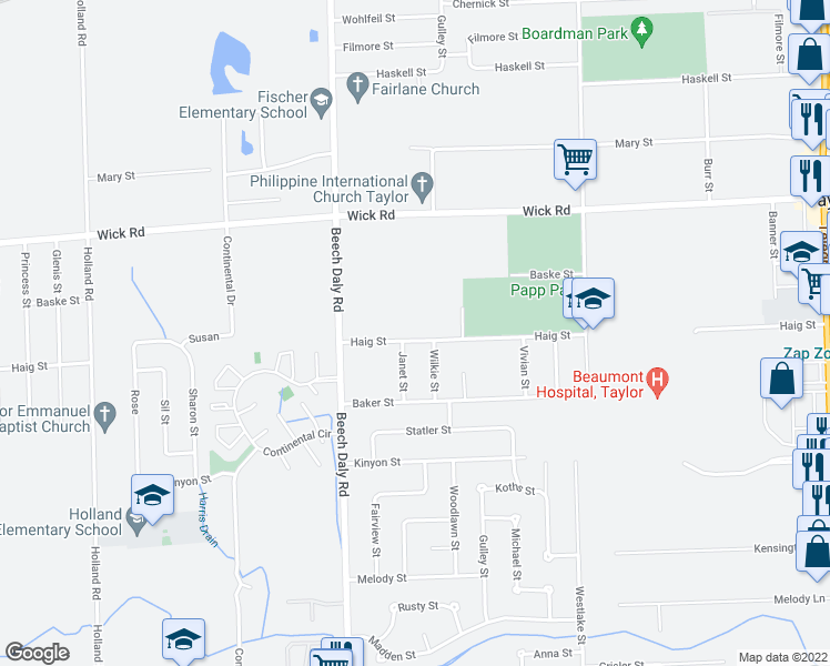 map of restaurants, bars, coffee shops, grocery stores, and more near 25550 Haig Street in Taylor