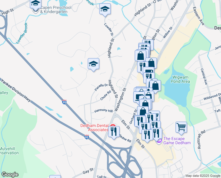 map of restaurants, bars, coffee shops, grocery stores, and more near 339 Highland Street in Dedham