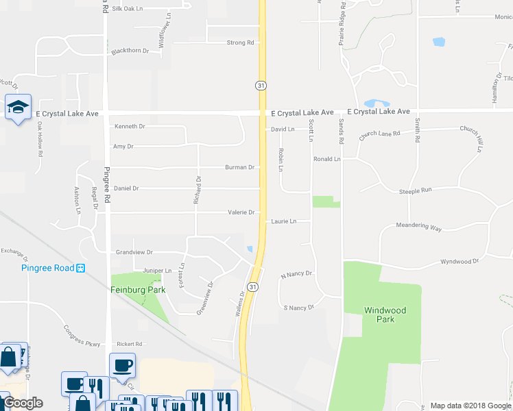 map of restaurants, bars, coffee shops, grocery stores, and more near 4602 Valerie Drive in Crystal Lake