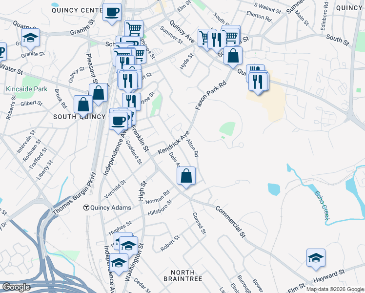 map of restaurants, bars, coffee shops, grocery stores, and more near 188 Kendrick Avenue in Quincy