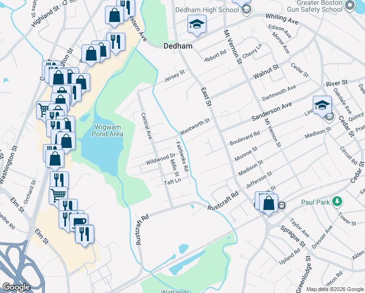 map of restaurants, bars, coffee shops, grocery stores, and more near 165 Fairbanks Road in Dedham