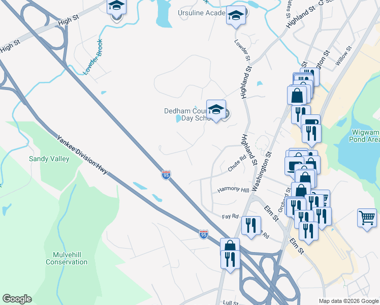 map of restaurants, bars, coffee shops, grocery stores, and more near 8 Karen Pines Street in Dedham