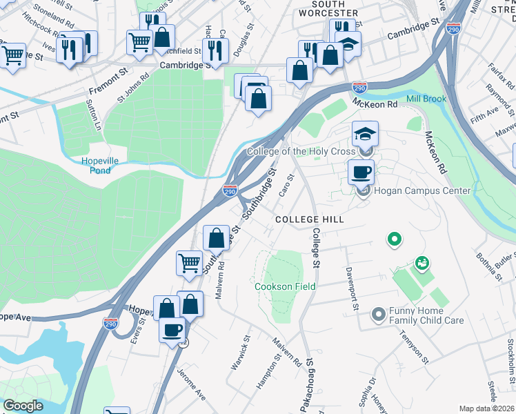 map of restaurants, bars, coffee shops, grocery stores, and more near 5 Boyden Street in Worcester