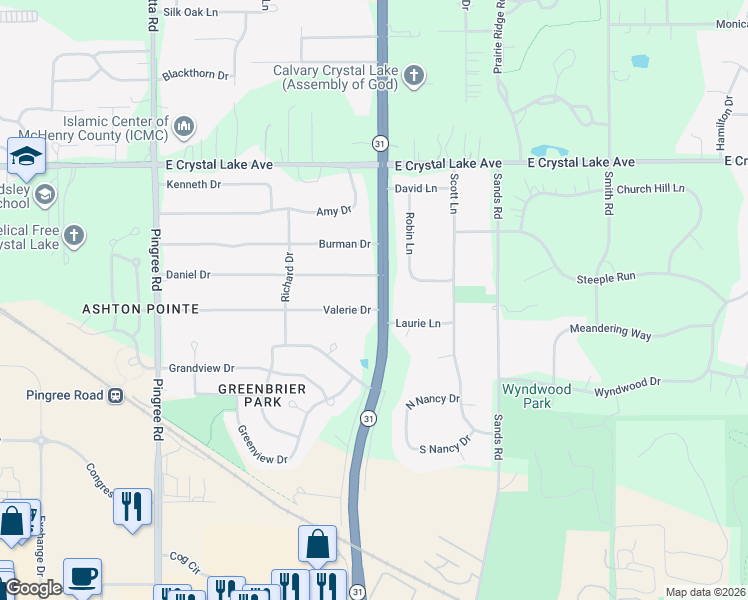 map of restaurants, bars, coffee shops, grocery stores, and more near 4602 Valerie Drive in Crystal Lake