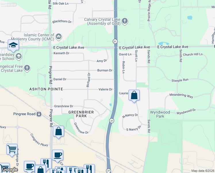 map of restaurants, bars, coffee shops, grocery stores, and more near 4614 Valerie Drive in Crystal Lake