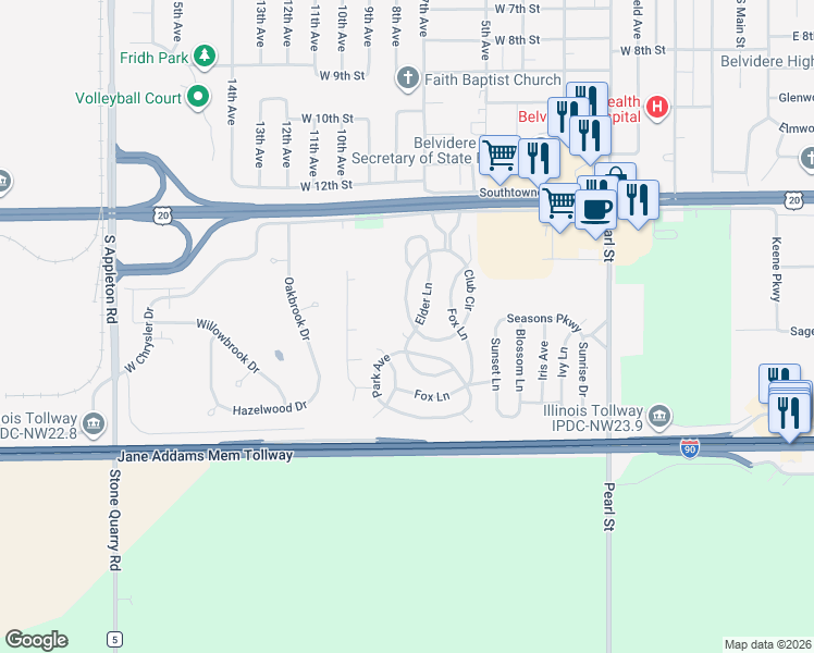 map of restaurants, bars, coffee shops, grocery stores, and more near 436 Club Circle in Belvidere