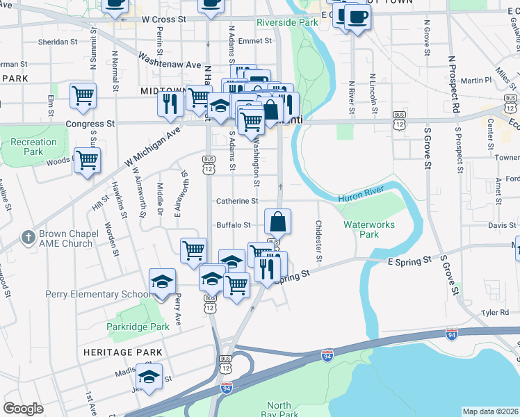 map of restaurants, bars, coffee shops, grocery stores, and more near 305 South Washington Street in Ypsilanti