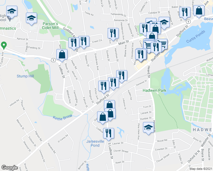 map of restaurants, bars, coffee shops, grocery stores, and more near 19 Lavallee Terrace in Worcester