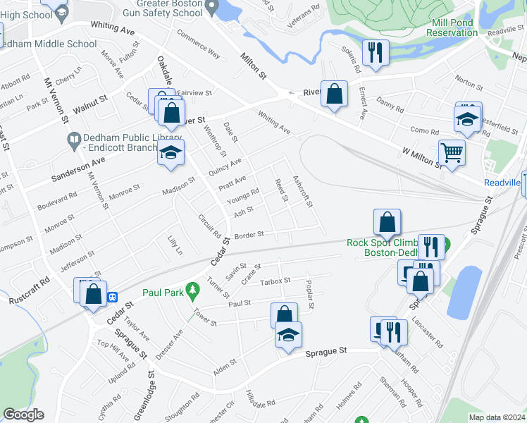 map of restaurants, bars, coffee shops, grocery stores, and more near 137 Dale Street in Dedham