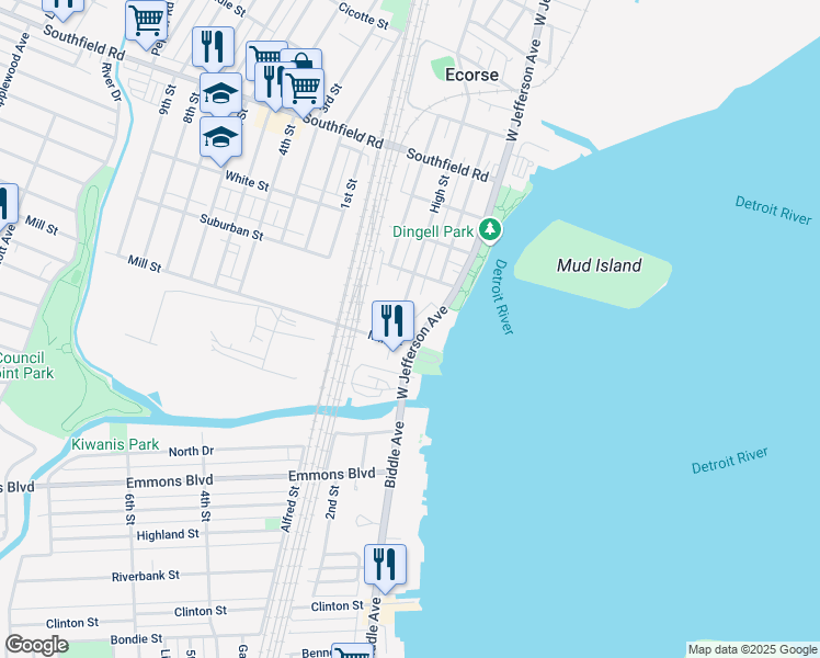 map of restaurants, bars, coffee shops, grocery stores, and more near 4646 West Jefferson Avenue in Ecorse