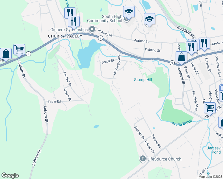 map of restaurants, bars, coffee shops, grocery stores, and more near 4 Chesnar Drive in Leicester