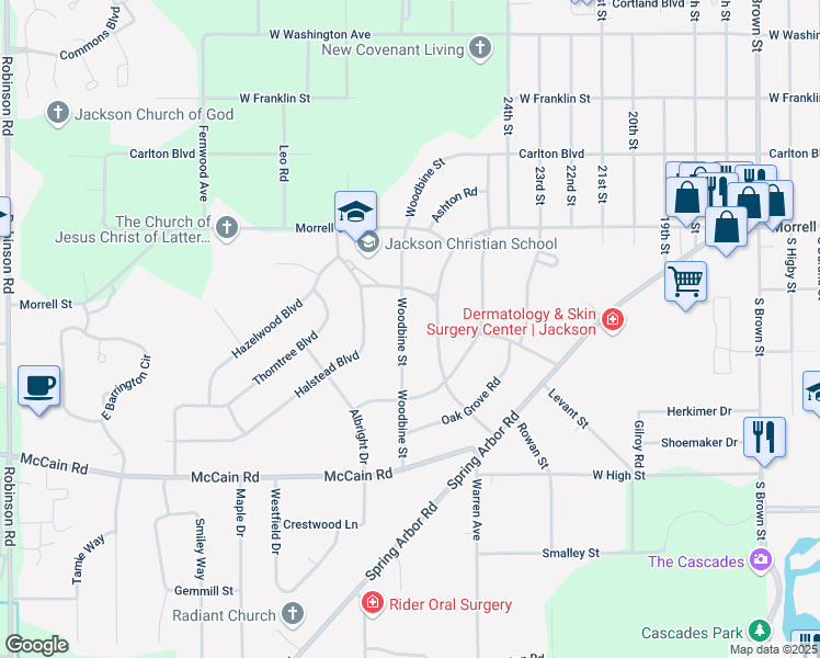 map of restaurants, bars, coffee shops, grocery stores, and more near 849 Woodbine Street in Jackson