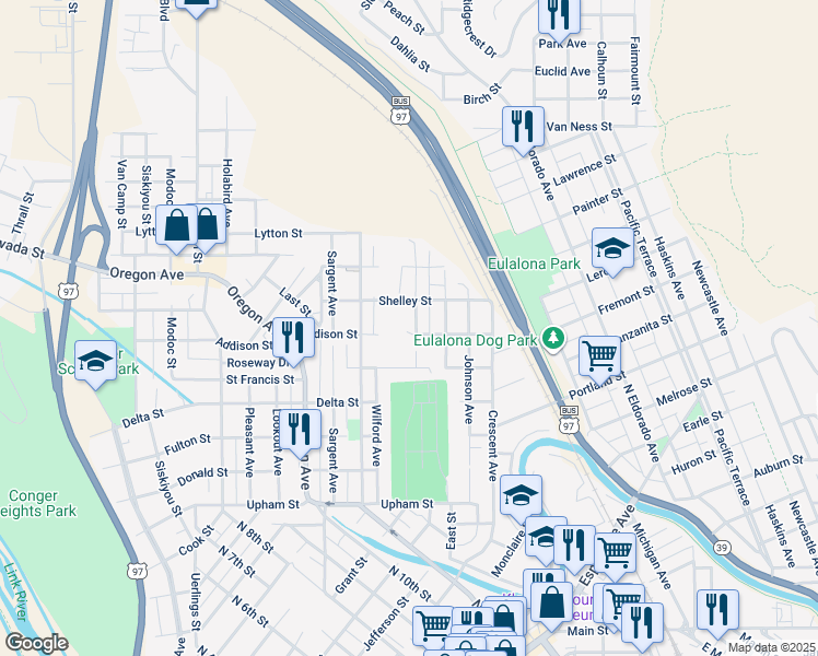 map of restaurants, bars, coffee shops, grocery stores, and more near 1804 Lancaster Avenue in Klamath Falls