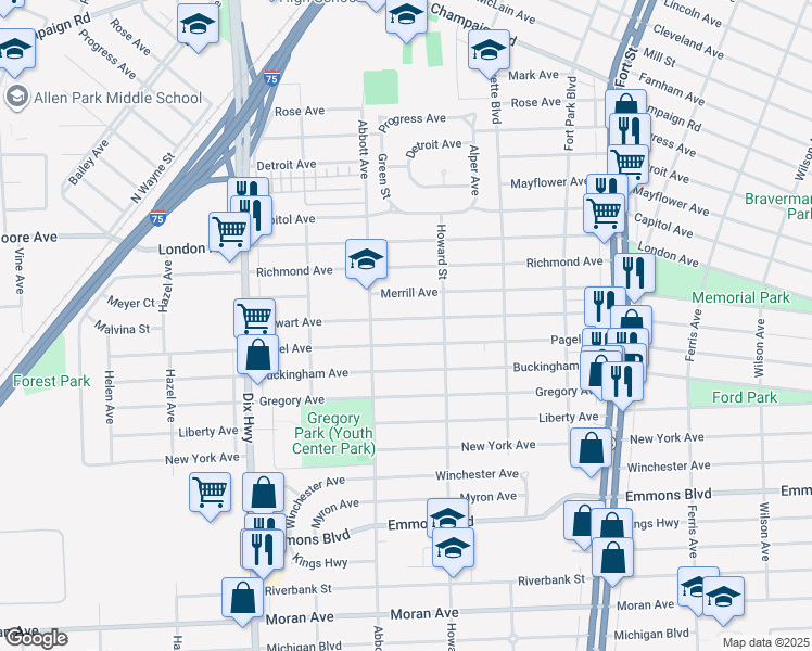map of restaurants, bars, coffee shops, grocery stores, and more near 1657 Stewart Avenue in Lincoln Park