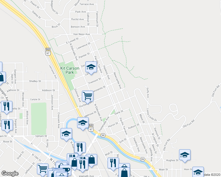 map of restaurants, bars, coffee shops, grocery stores, and more near 929 Pacific Terrace in Klamath Falls