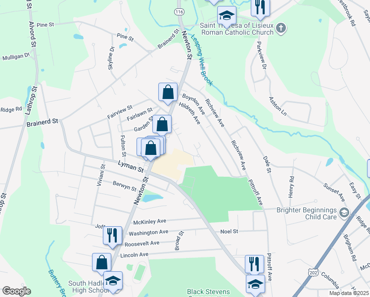 map of restaurants, bars, coffee shops, grocery stores, and more near 132 Stonybrook Way in South Hadley