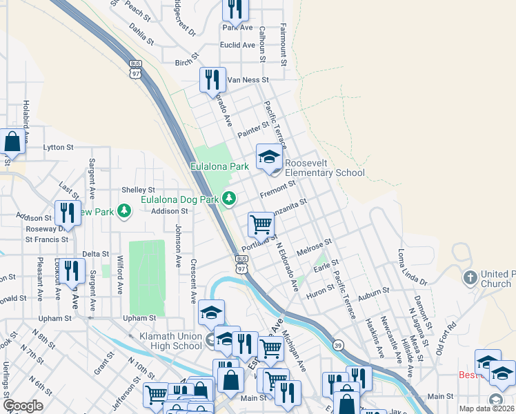 map of restaurants, bars, coffee shops, grocery stores, and more near 1030 North Eldorado Avenue in Klamath Falls