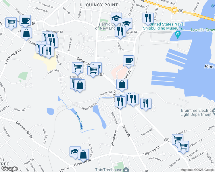 map of restaurants, bars, coffee shops, grocery stores, and more near 15 Bower Road in Quincy