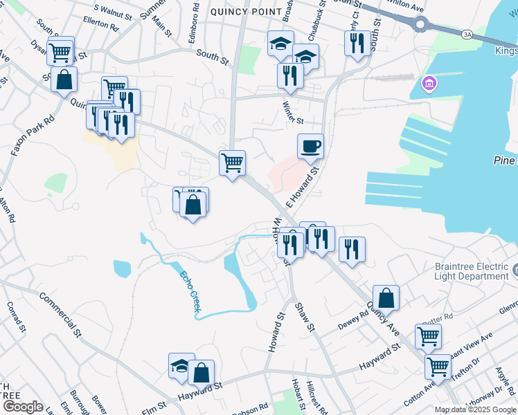 map of restaurants, bars, coffee shops, grocery stores, and more near 15 Bower Road in Quincy