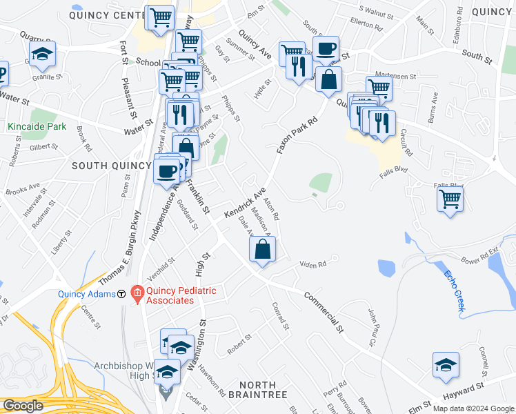 map of restaurants, bars, coffee shops, grocery stores, and more near 21 Alton Road in Quincy