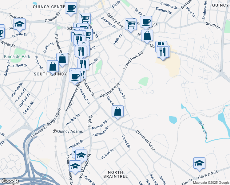 map of restaurants, bars, coffee shops, grocery stores, and more near 188 Kendrick Avenue in Quincy