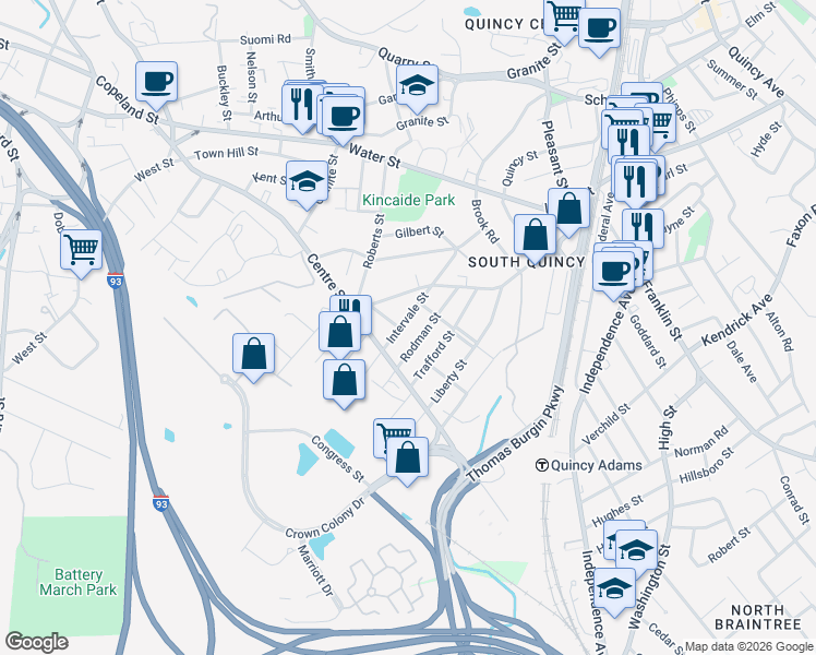 map of restaurants, bars, coffee shops, grocery stores, and more near 115 Intervale Street in Quincy