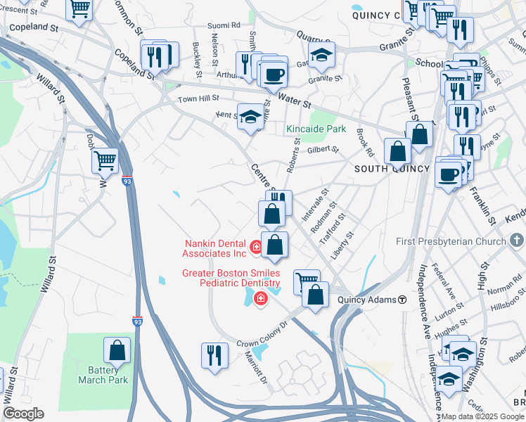 map of restaurants, bars, coffee shops, grocery stores, and more near 30 Albertina Street in Quincy