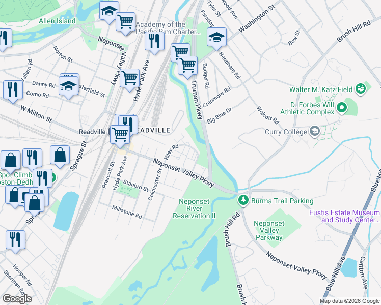 map of restaurants, bars, coffee shops, grocery stores, and more near 75-77 Sierra Road in Boston