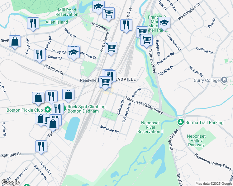 map of restaurants, bars, coffee shops, grocery stores, and more near 201 Neponset Valley Parkway in Boston