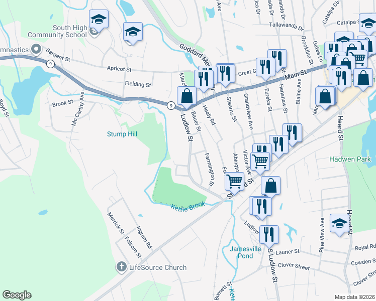 map of restaurants, bars, coffee shops, grocery stores, and more near 20 Ludlow Street in Worcester