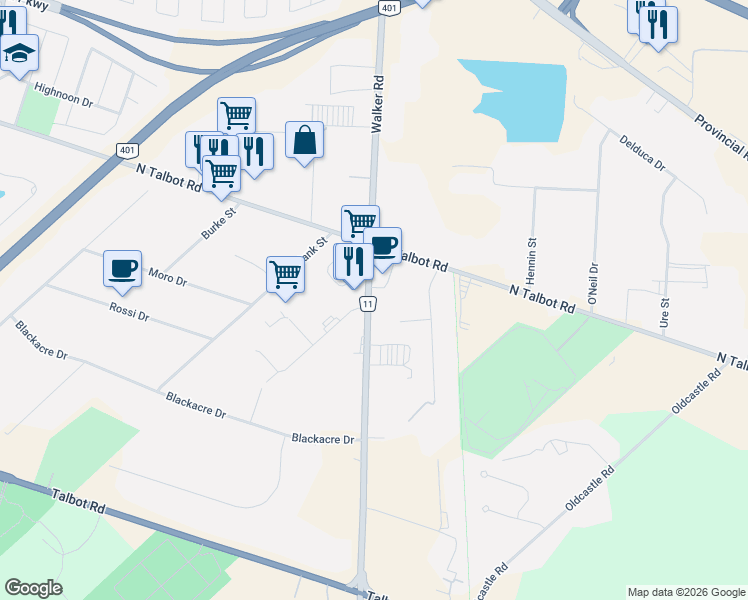 map of restaurants, bars, coffee shops, grocery stores, and more near 5300 Walker Road in Windsor