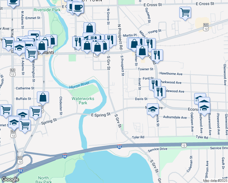 map of restaurants, bars, coffee shops, grocery stores, and more near 148 South Prospect Street in Ypsilanti