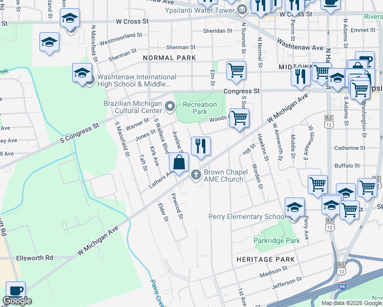 map of restaurants, bars, coffee shops, grocery stores, and more near 327 Aveline Street in Ypsilanti